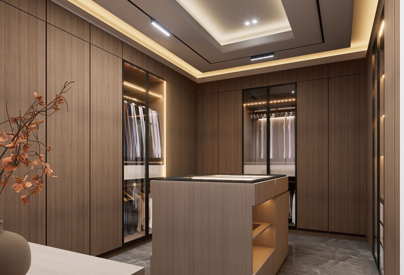 Walk-in closet with wood panel wardrobes, glass doors, and an island